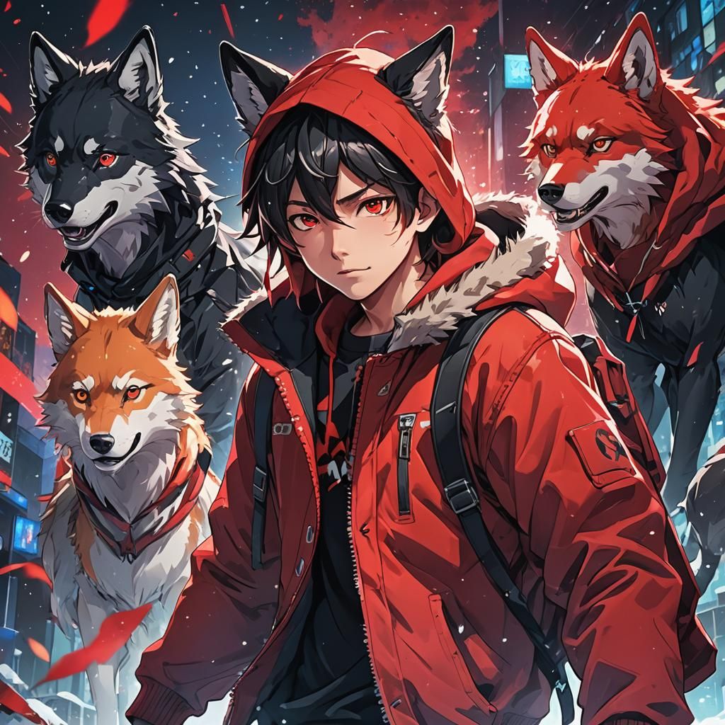 Anime Boy with Wolf Ears in Red Winter Jacket