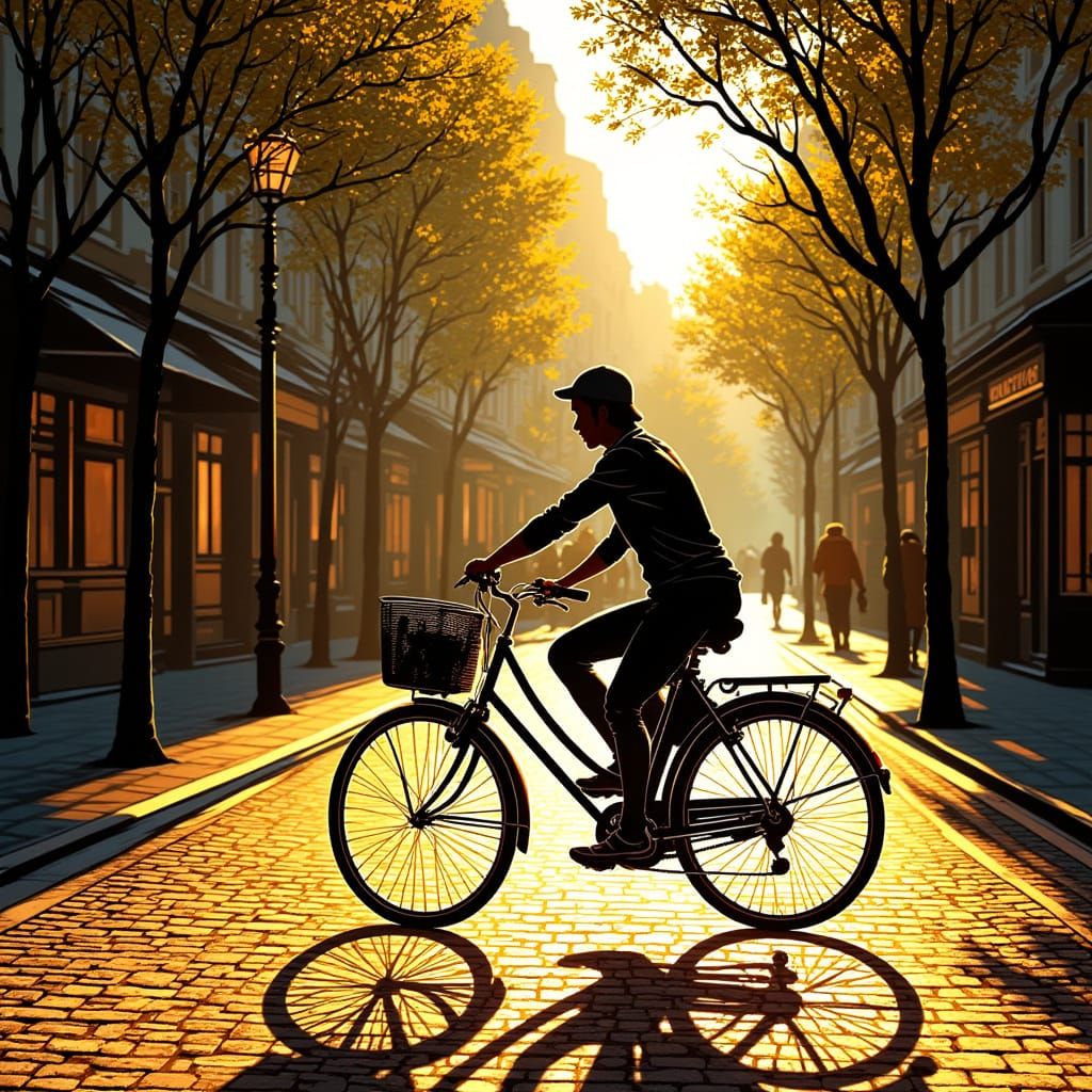 Cyclist on Parisian Street in Golden Hour