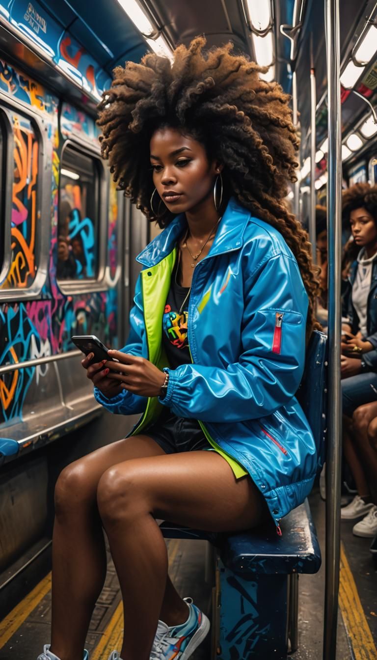A subway train with a Blonde woman with very long, natural a...