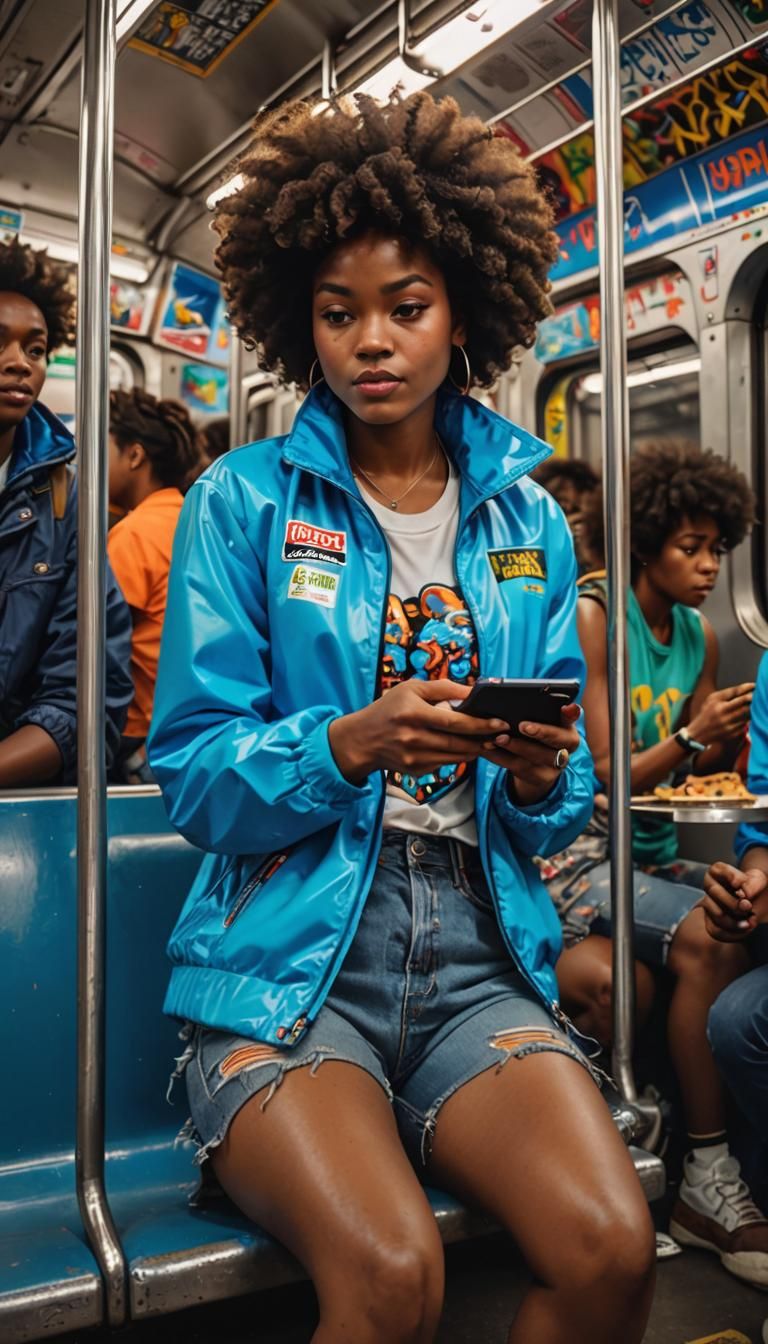 A subway train with a Blonde woman with very long, natural a...