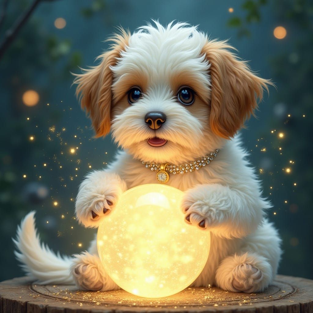 Whimsical Puppy Conjure Magic with Glowing Crystal Ball