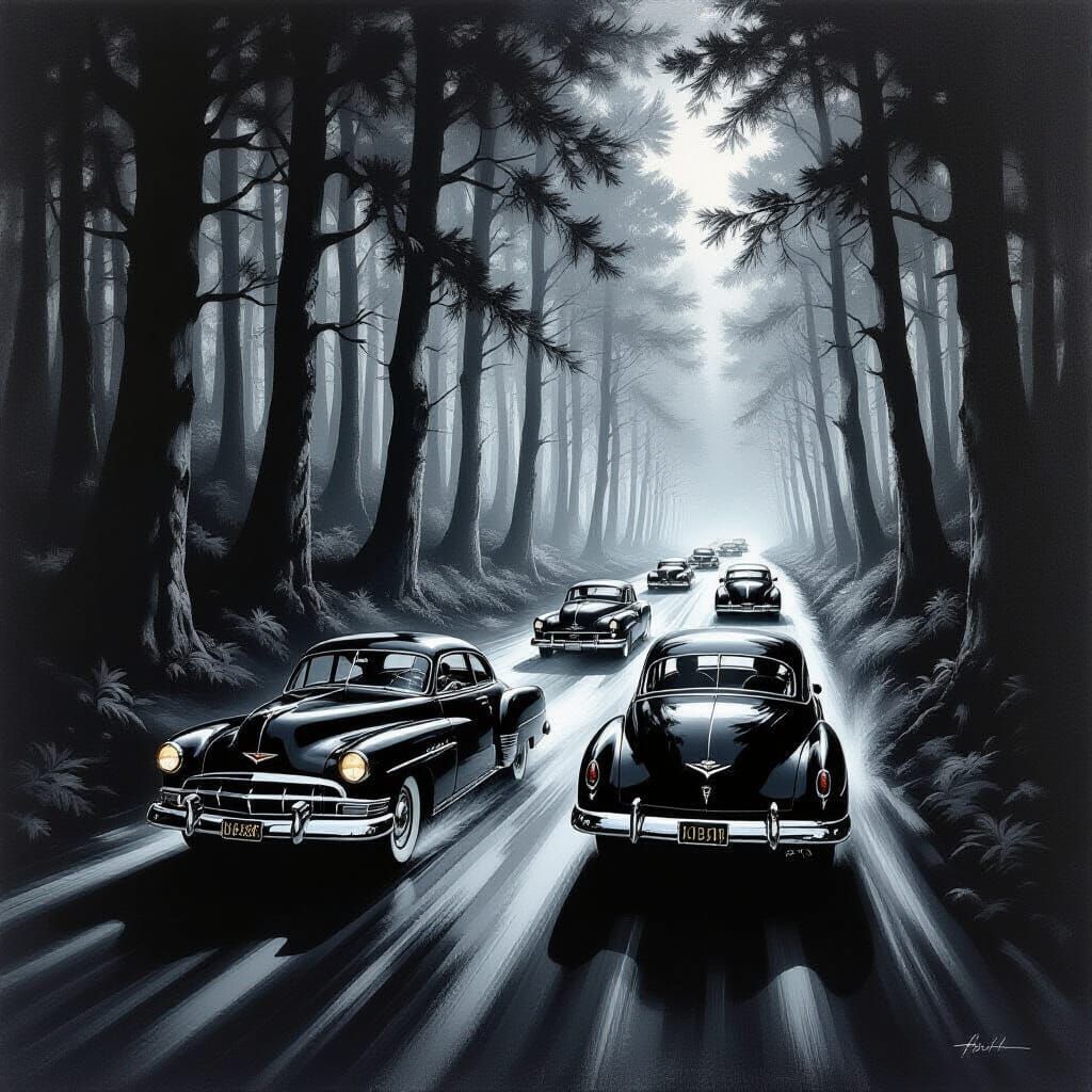 Vintage Cars Race Through Surreal Monochrome Forest