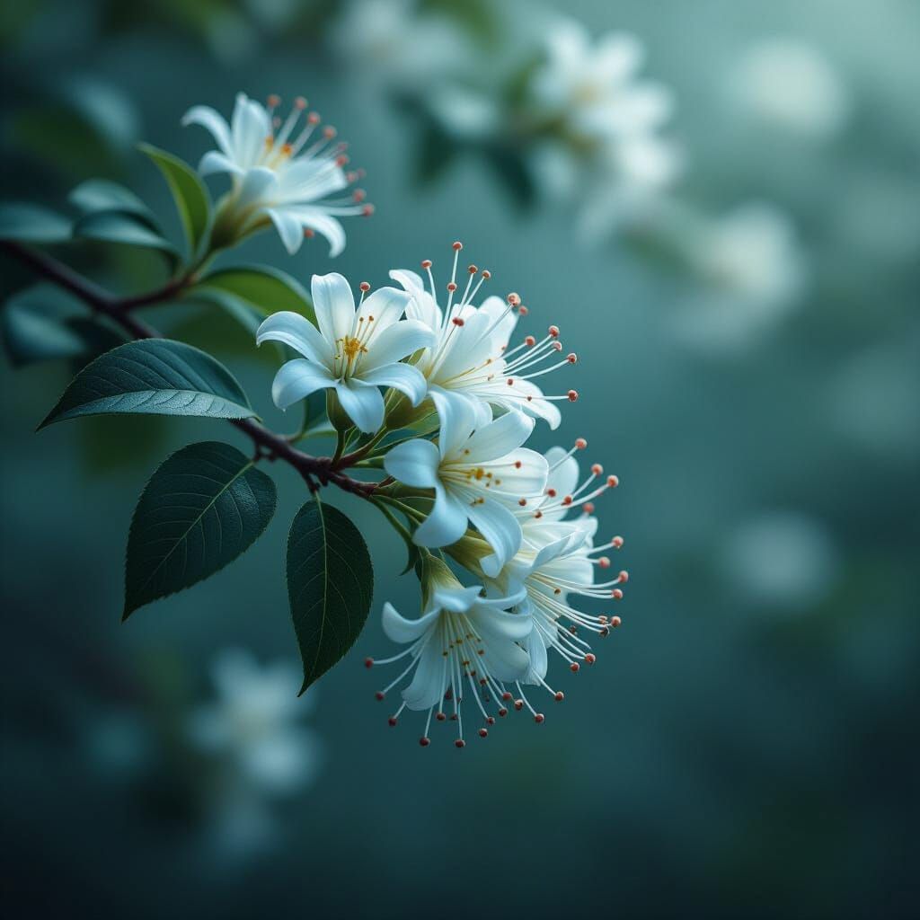 Hyperrealistic Honeysuckle in Atmospheric Lighting