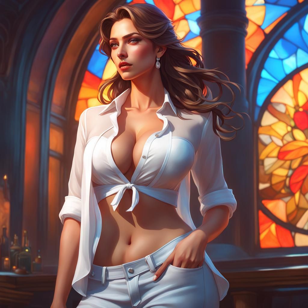 A beautiful girl with big bosom wearing semi-transparent whi...