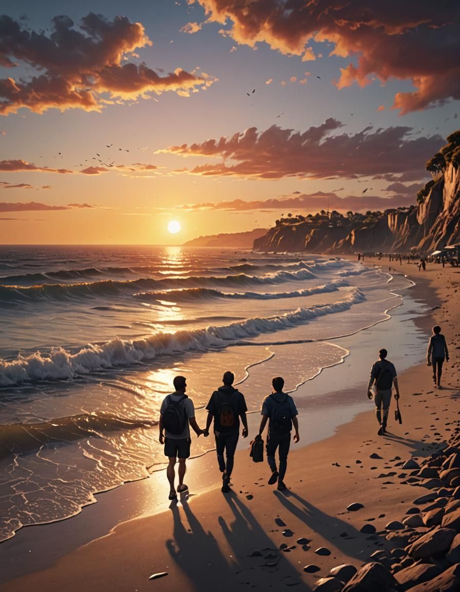 Seaside Sunset Stroll in Detailed Matte Painting Style