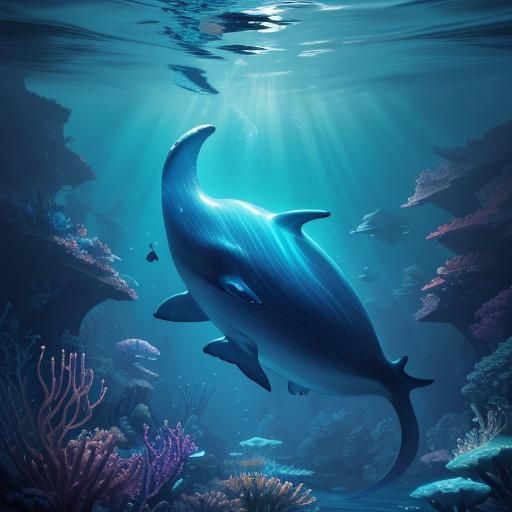 Glowing Glass Whale in Ocean Depths