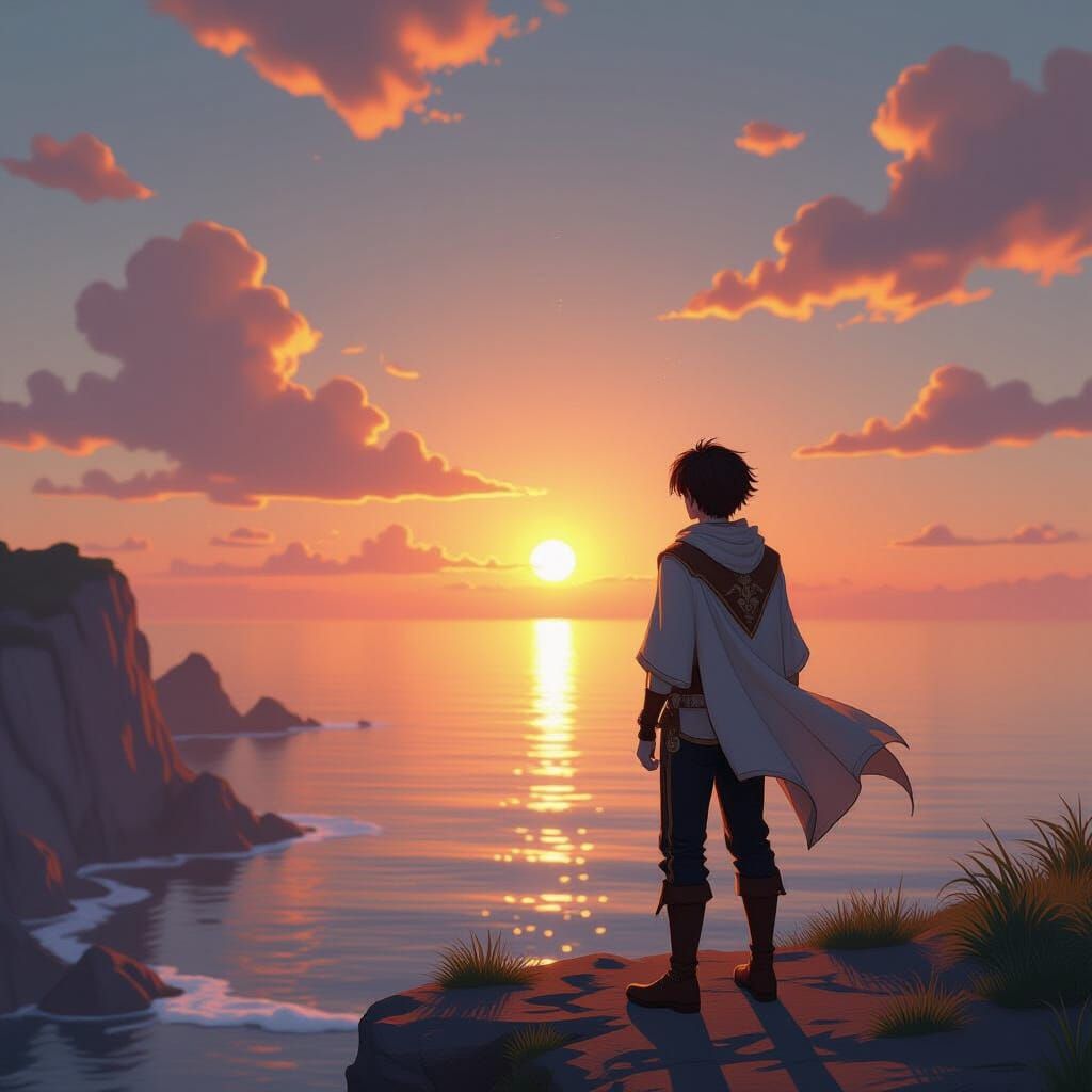 Young Man with Wings at Sunrise Over Golden Sea