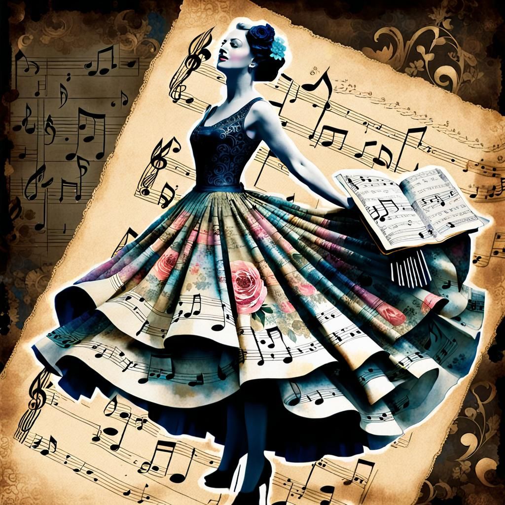 Woman in Floral Sheet Music Dress: Collage Art