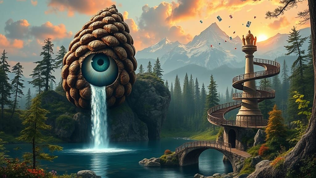 Surreal Woodlands Scene with Majestic Waterfall and Celestia...