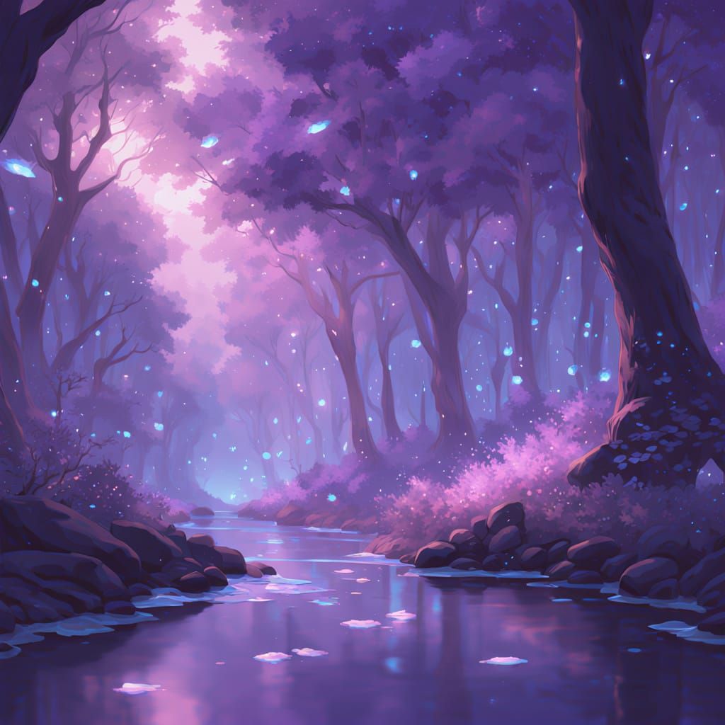 Surreal Alien Forest Radiates Purple Light and Glowing Metal