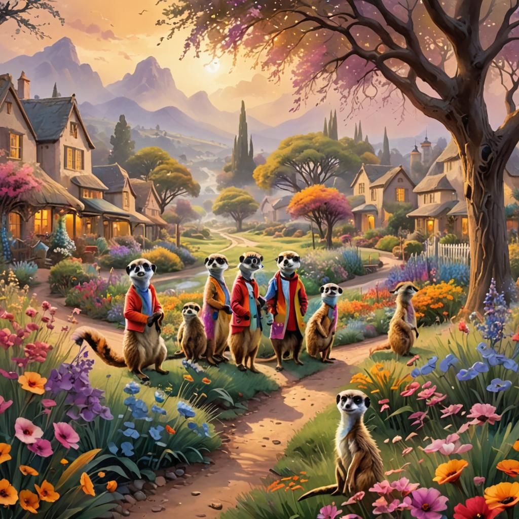 Whimsical Meerkat Village in Golden Light