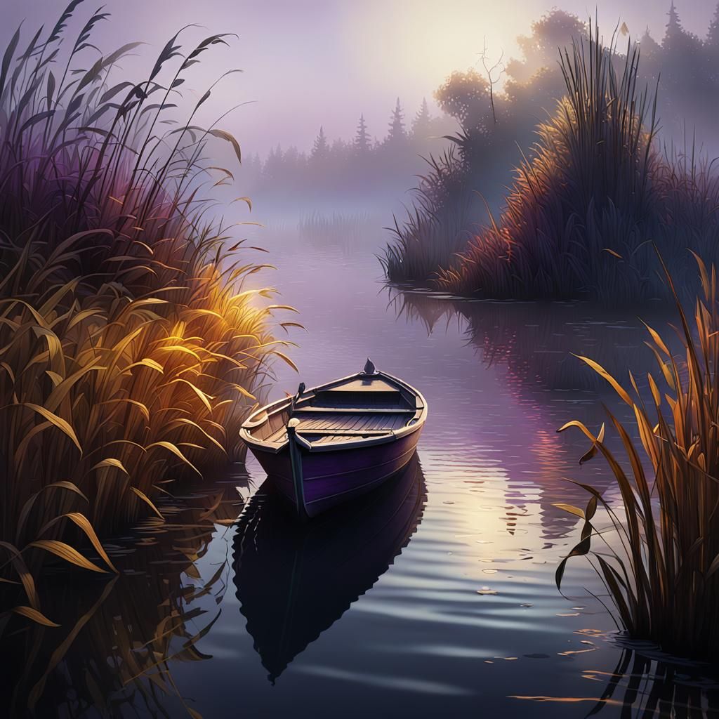 Foggy Lake Boat Amidst Reeds: Dark Fantasy Art