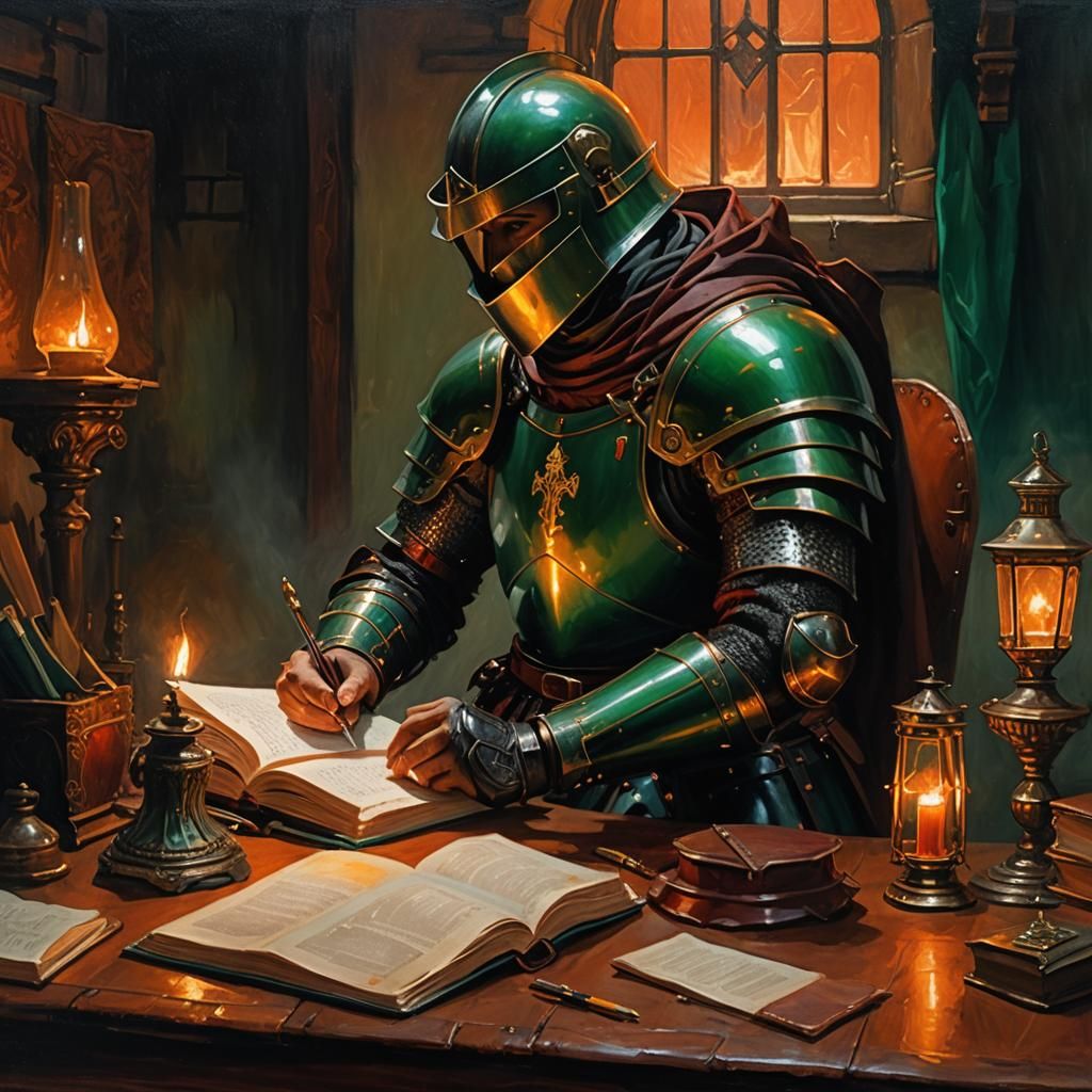 Knight Writing Book in Cozy Dark Fantasy Oil Painting