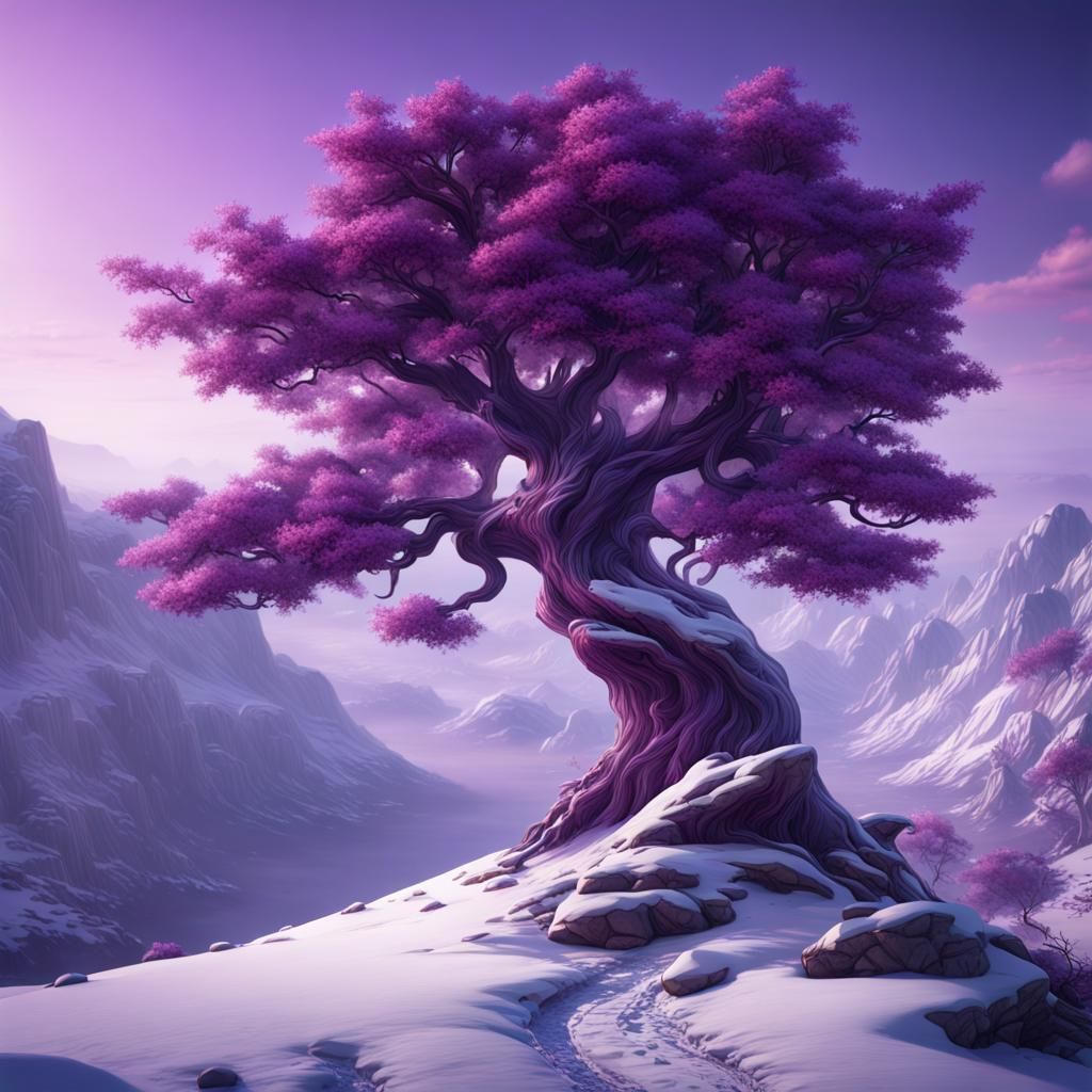 Purple Tree on Snowy Mountain: Fantasy Concept Art