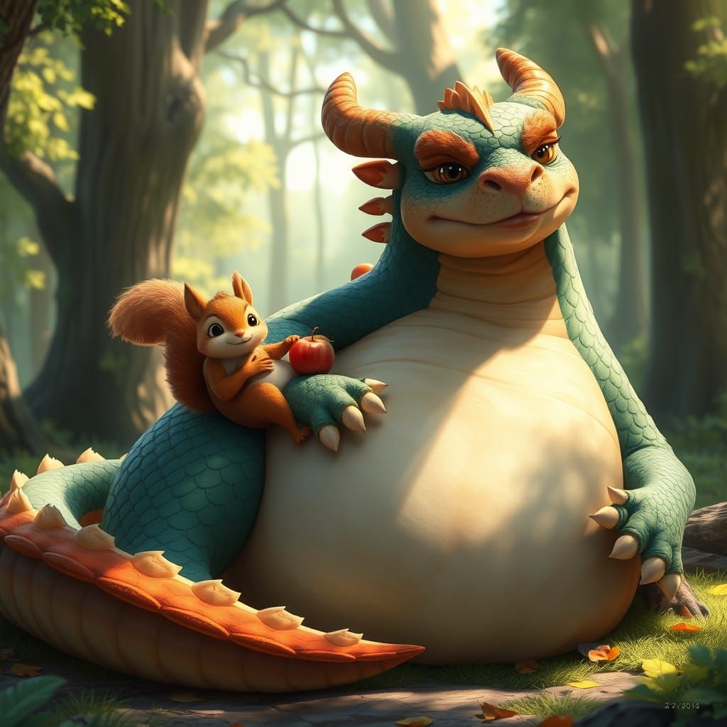 Whimsical Dragon and Squirrel in Cozy Forest Scene
