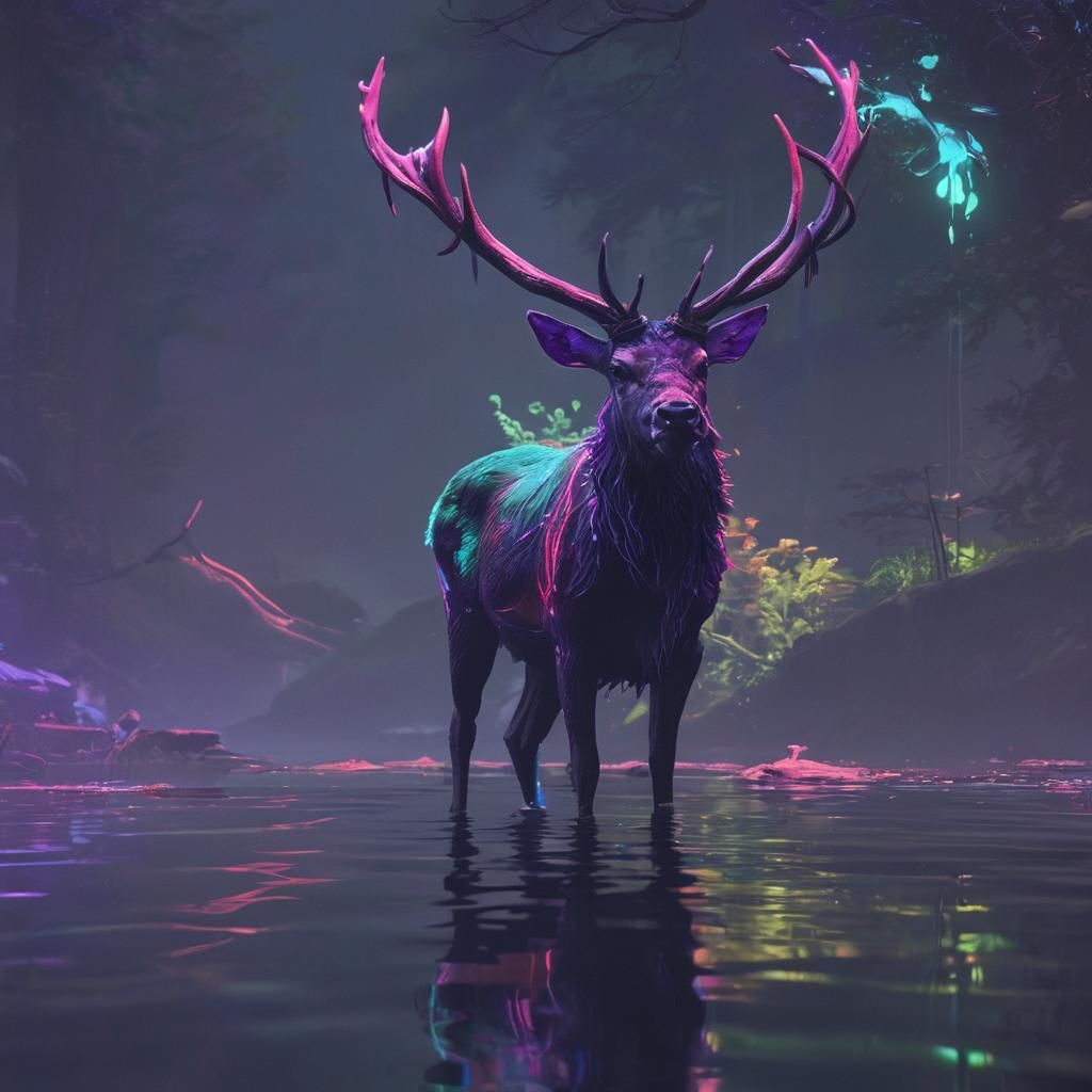 Neon Stag Reflection in Cyberpunk Fantasy Landscape