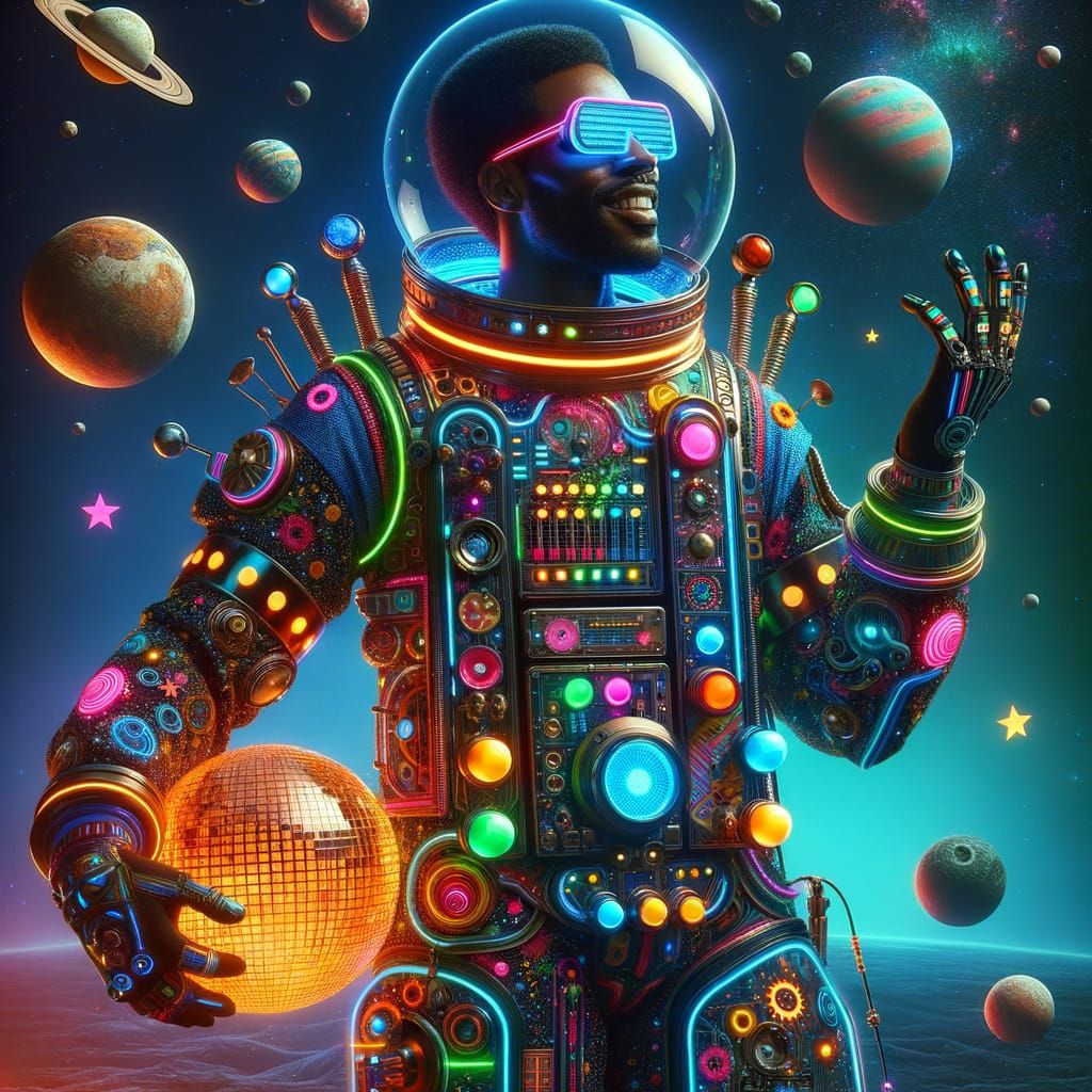 Astro-Funk Black Man in Retro-Futuristic Space Suit