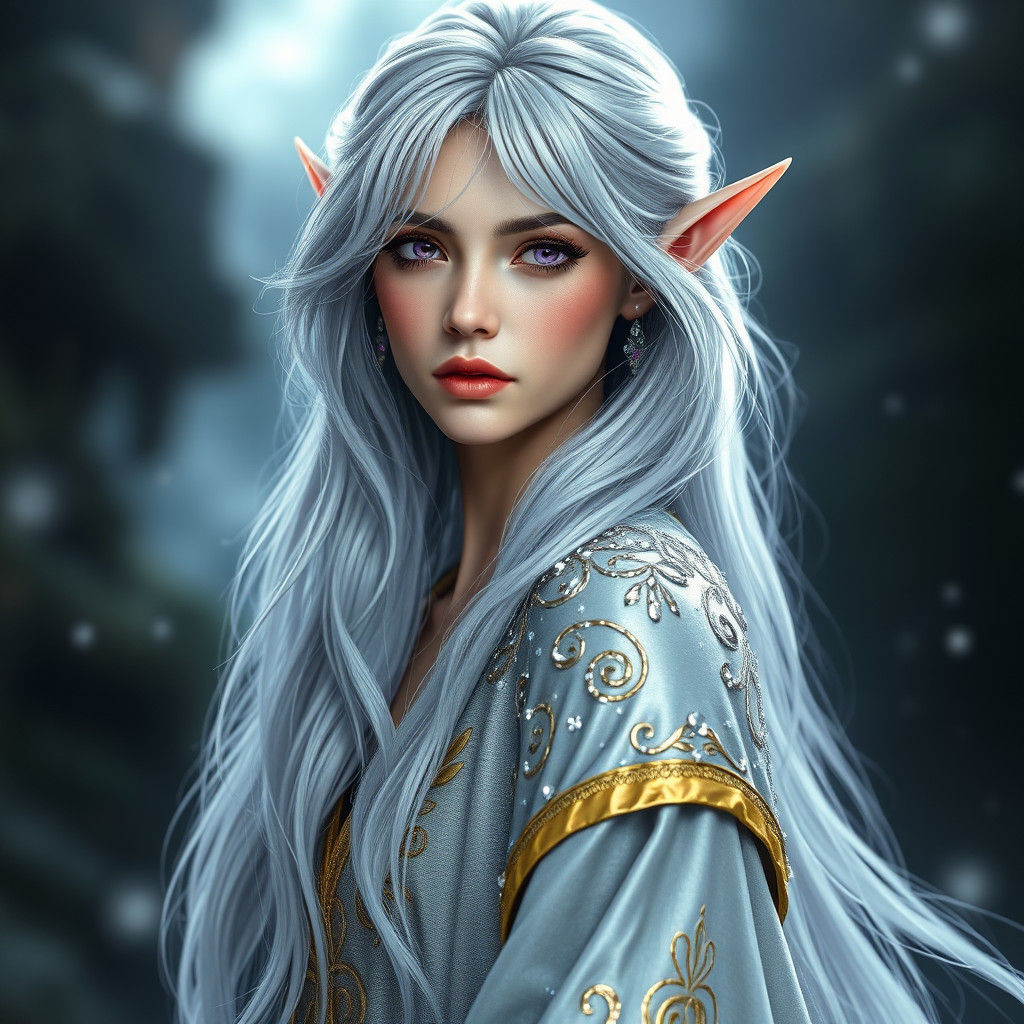 Fantasy Elf Sorceress with Silver Hair and Purple Eyes