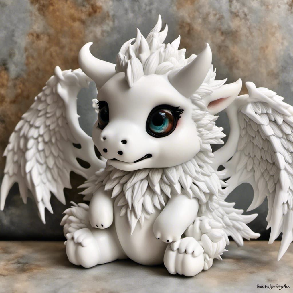 Large White Fluffy Dragon with Open Wings