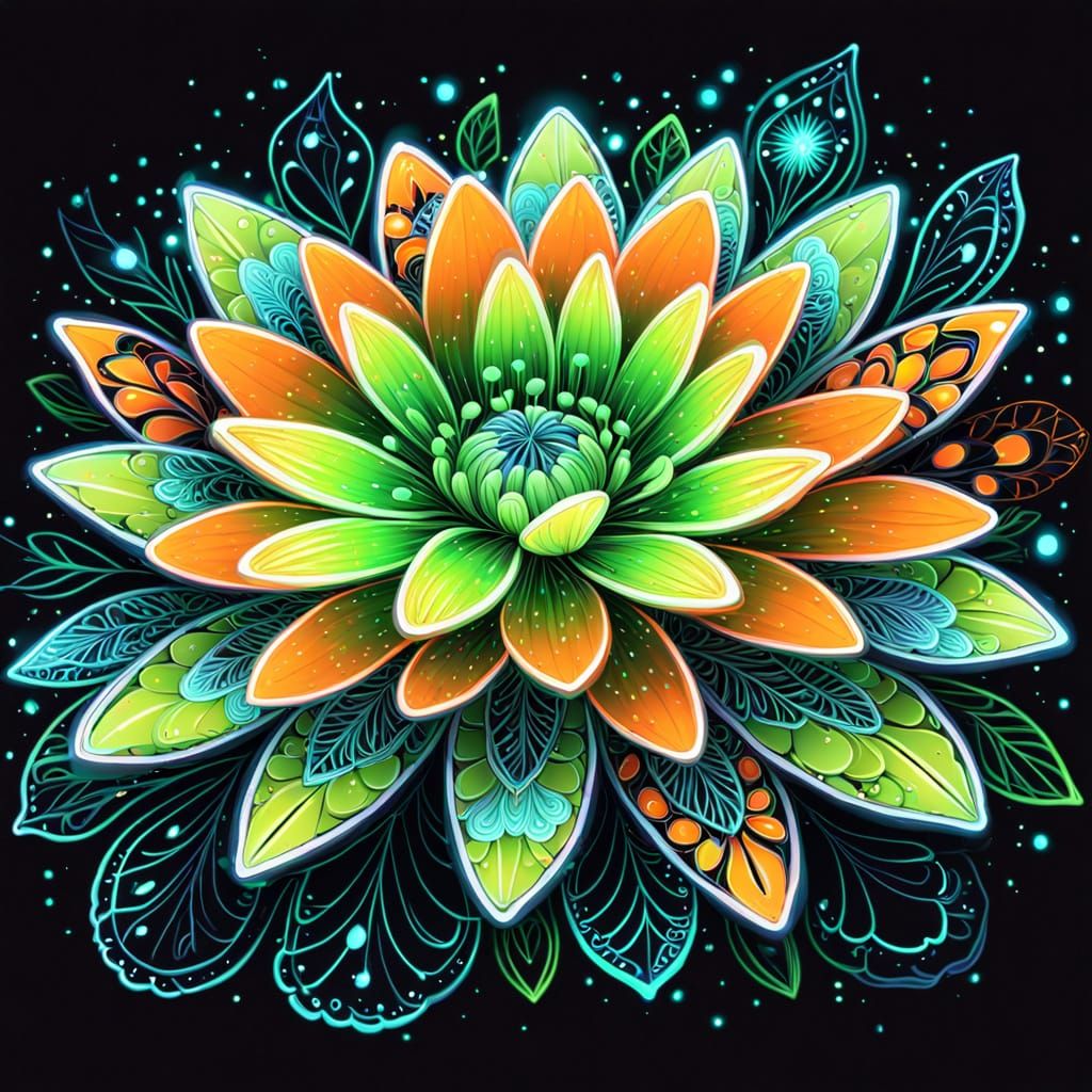 Extraordinary Neon Flower in Cosmic Zentangle Garden