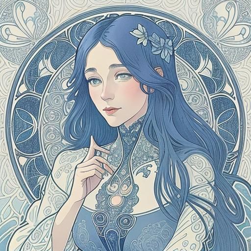 Art Nouveau Witch Gaming in Blue Monochromatic Style