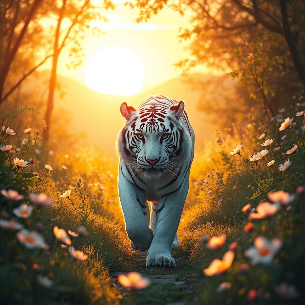 Majestic White Tiger in a Sunlit Floral Glen