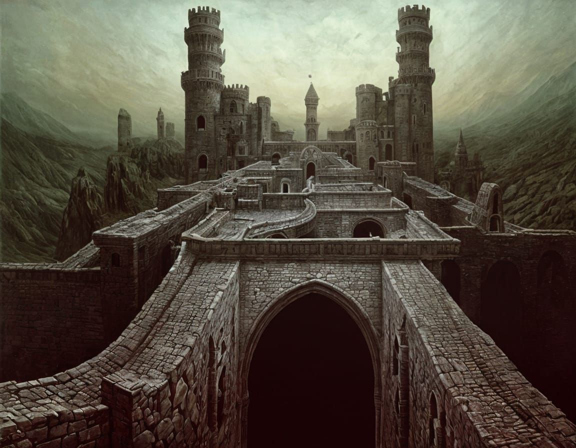 Surreal Castle with Drawbridges, Moats in Surrealist Style