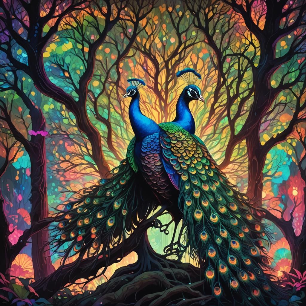 Neon Rainbow Peacock in Enchanted Silhouette Landscape