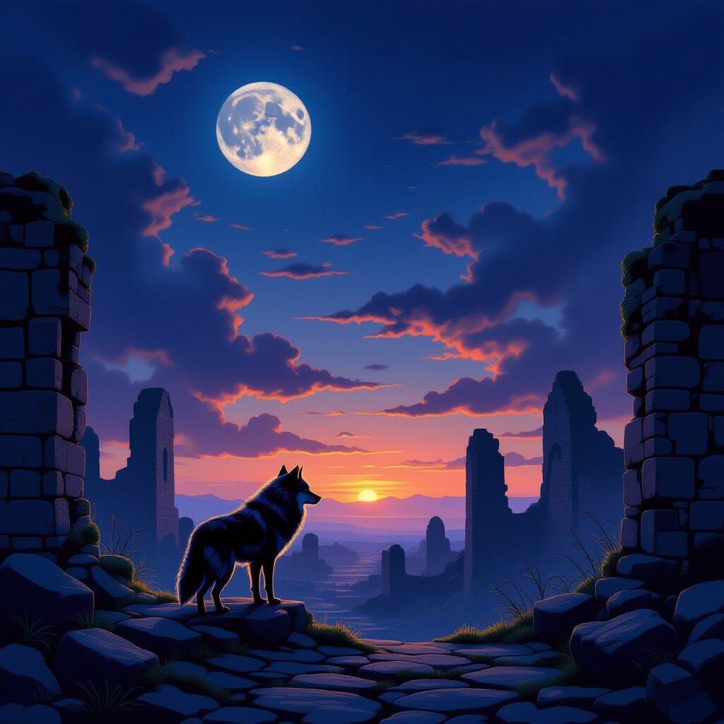 Lone Wolf at Ancient Ruins Under Twilight Sky
