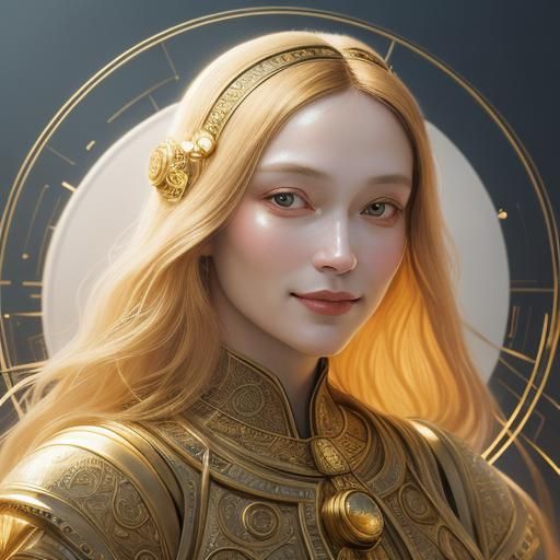 Renaissance Futurism Portrait: Joyful Expression in Golden L...