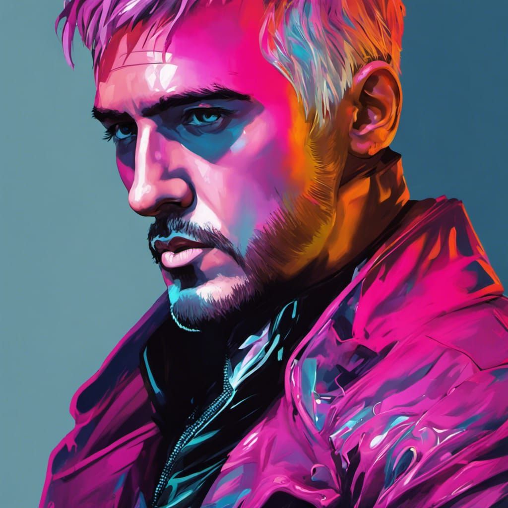 Cyberpunk Man Portrait in Neon Graffiti Style