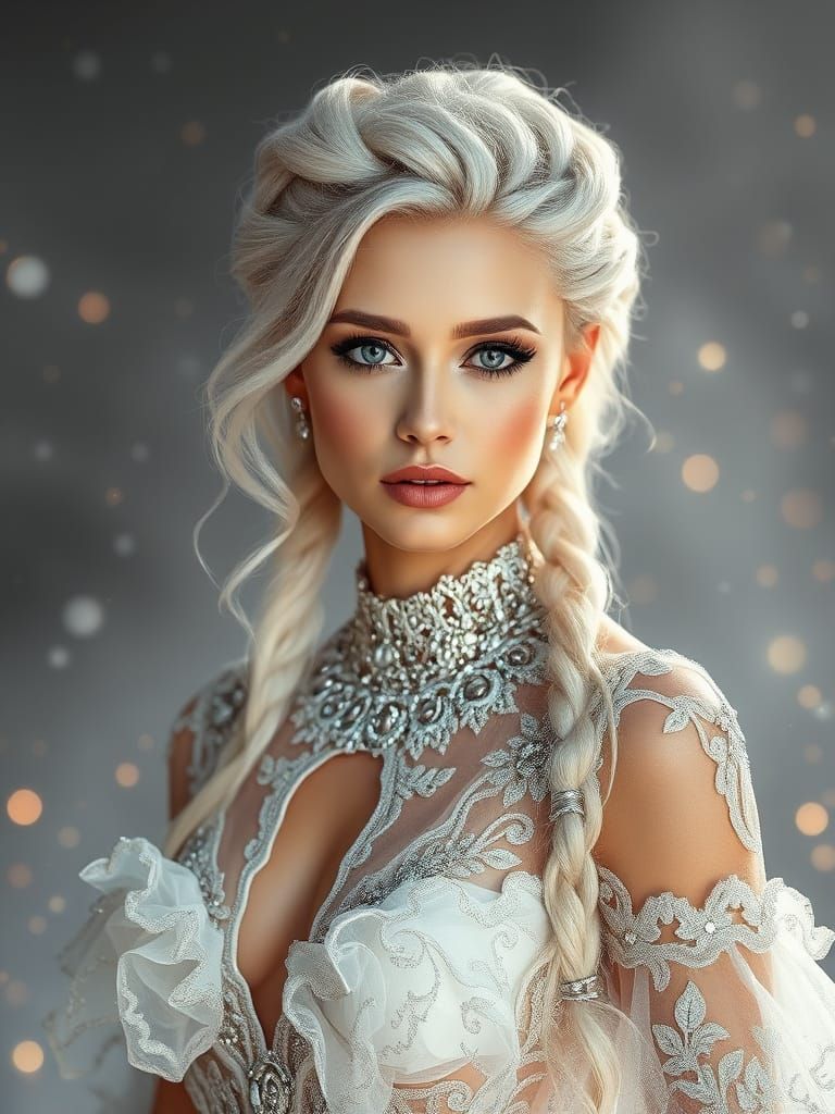 Elegant Woman with Platinum Braided Hair in Lace Gown