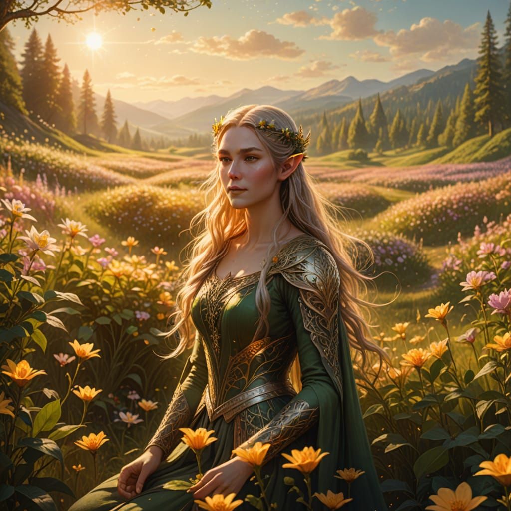 Elven Woman in Sunlit Flower Field - Fantasy Art
