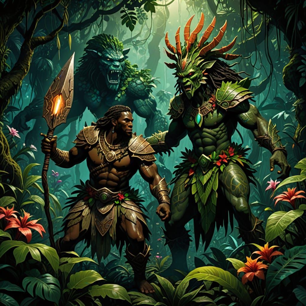 Epic Dark Fantasy Battle in a Jungle Ruin