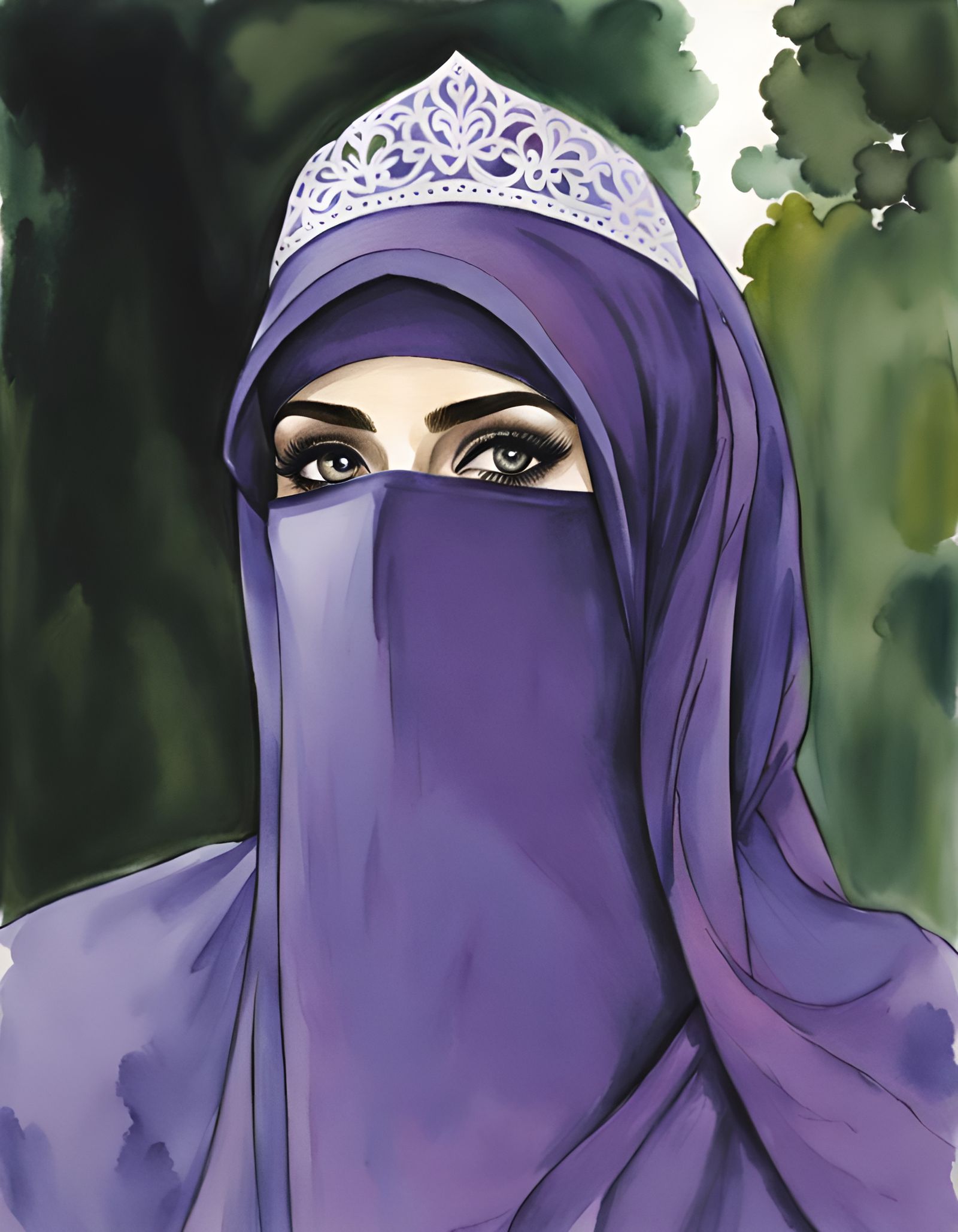Beautiful Woman in Niqab: Watercolor Ink Drawing