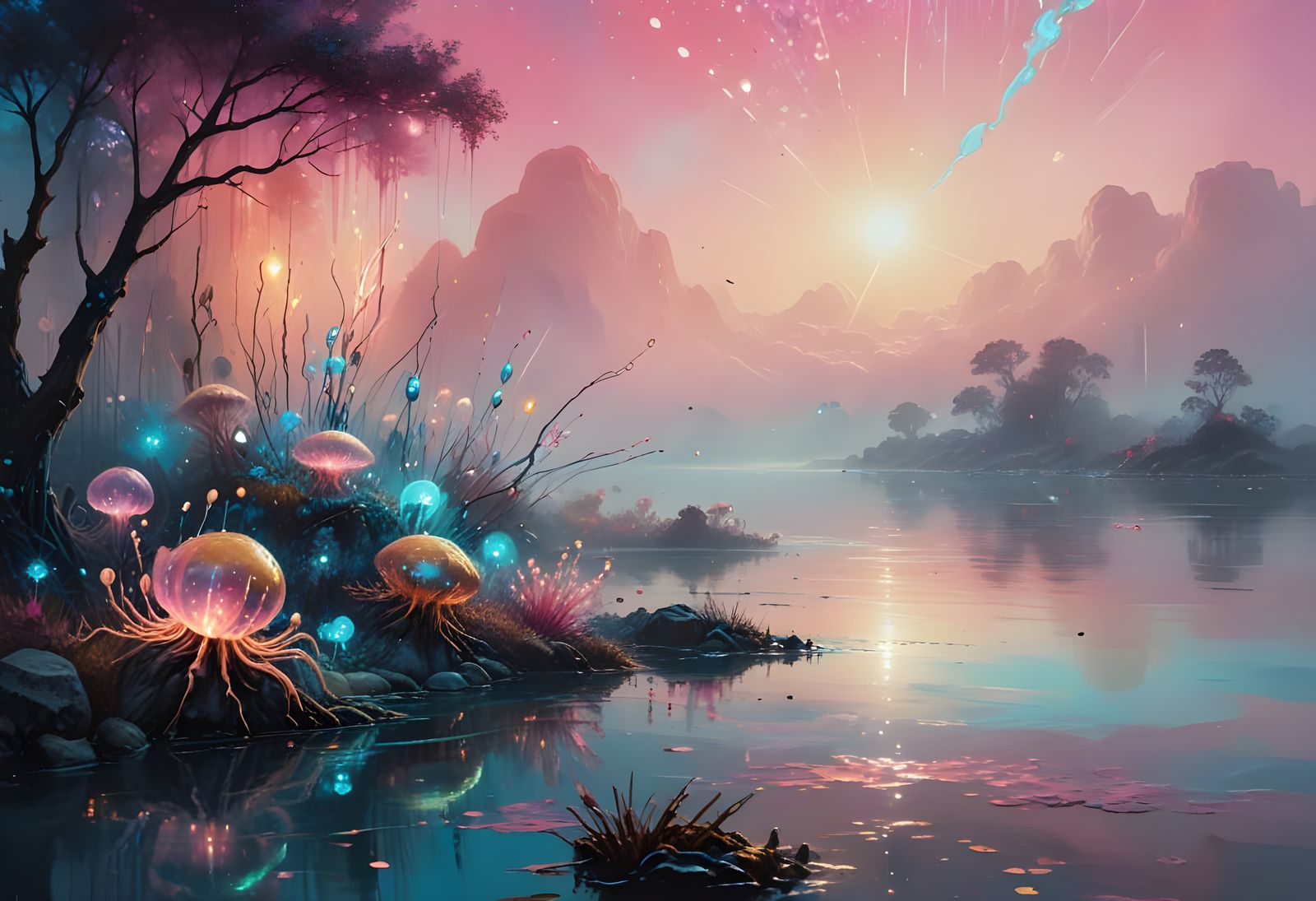 Bioluminescent Jellyfish Flowers in Soft Oil Painting Style