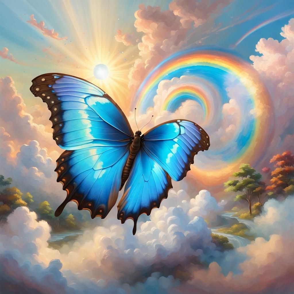 Blue Morpho Butterfly Flight in Rainbow Sky