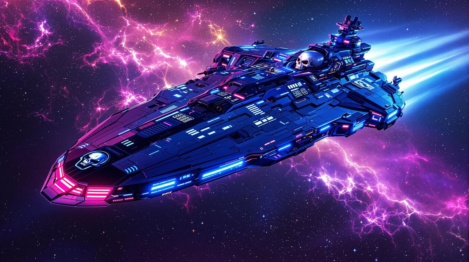 Neon-Lit Galactic Battle Cruiser in Cyberpunk Style