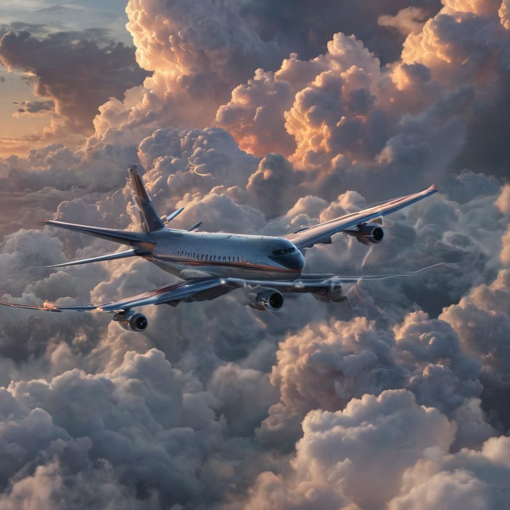 Dramatic Airplane Soaring Through Cumulus Clouds