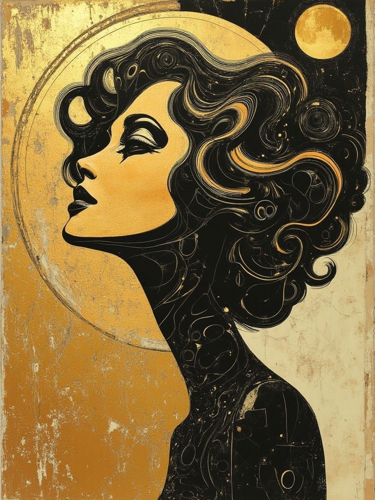 Art Deco Woman with Swirling Hair in Moonlight