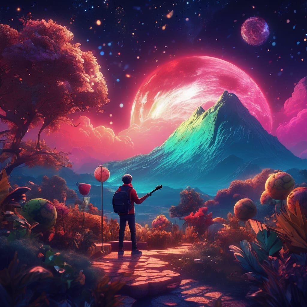 Anthropomorphic Watermelon Serenades Cherry in Cosmic Landsc...