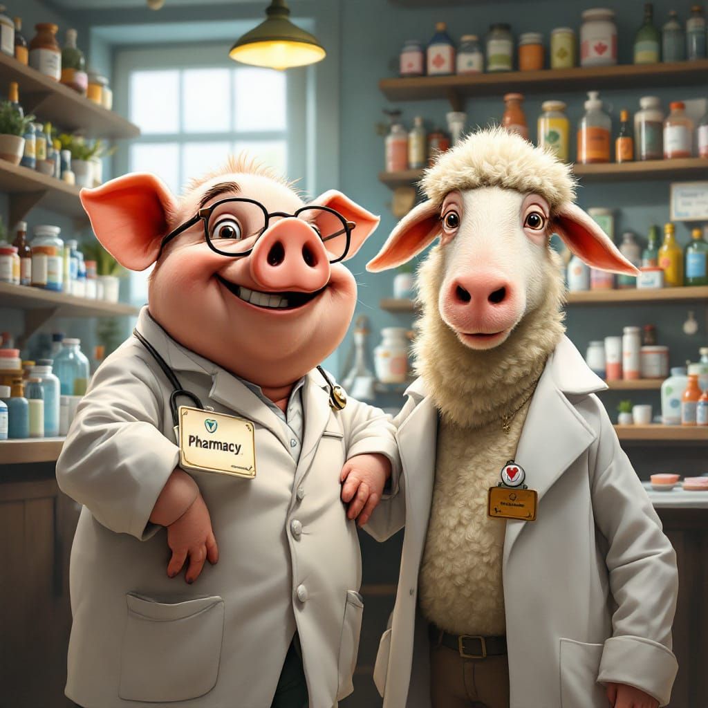 Cartoon Pig and Sheep Run Pharmacy in Whimsical Style