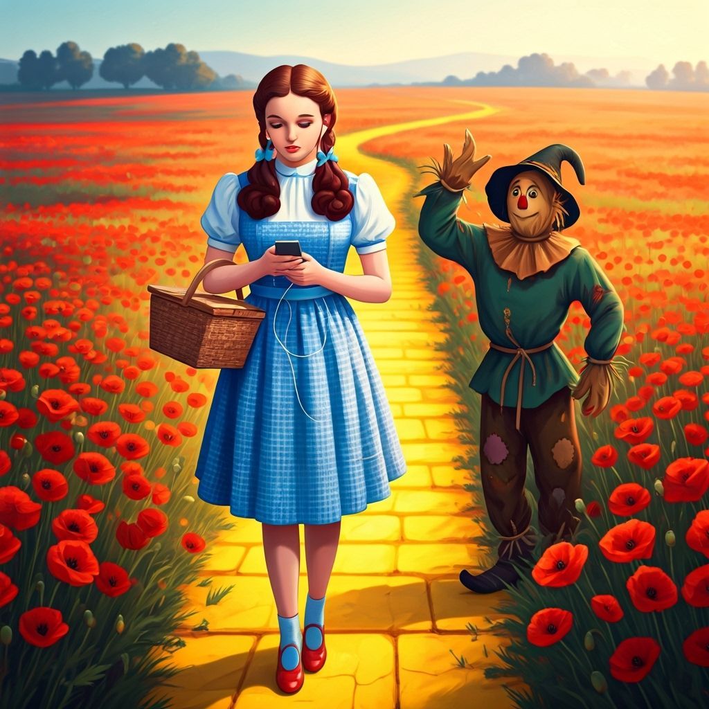 Dorothy Gail Distracted by Phone on Yellow Brick Road