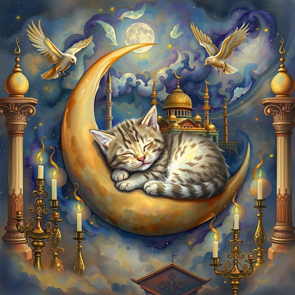 Sleeping Kitten on Golden Moon in Digital Watercolor
