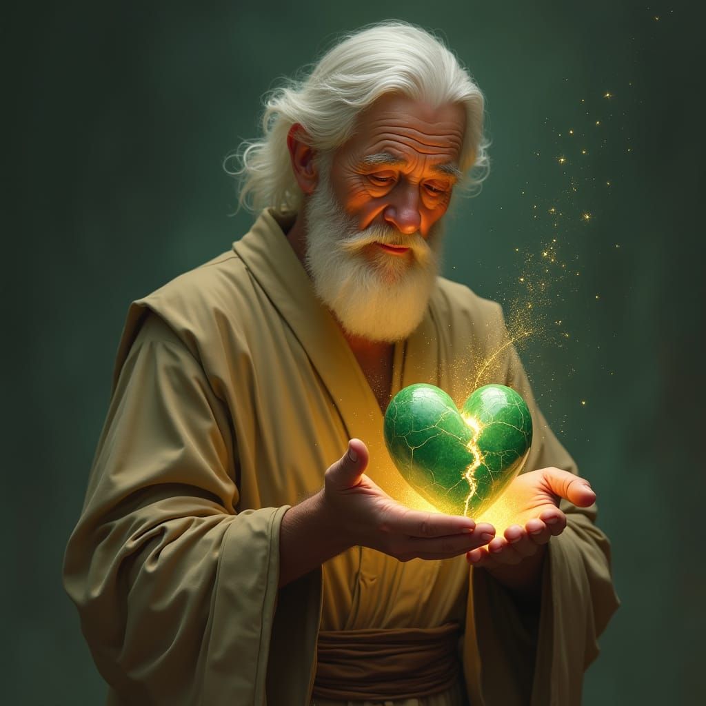 Surreal Scene of a Humble Manservant Mending a Broken Emeral...