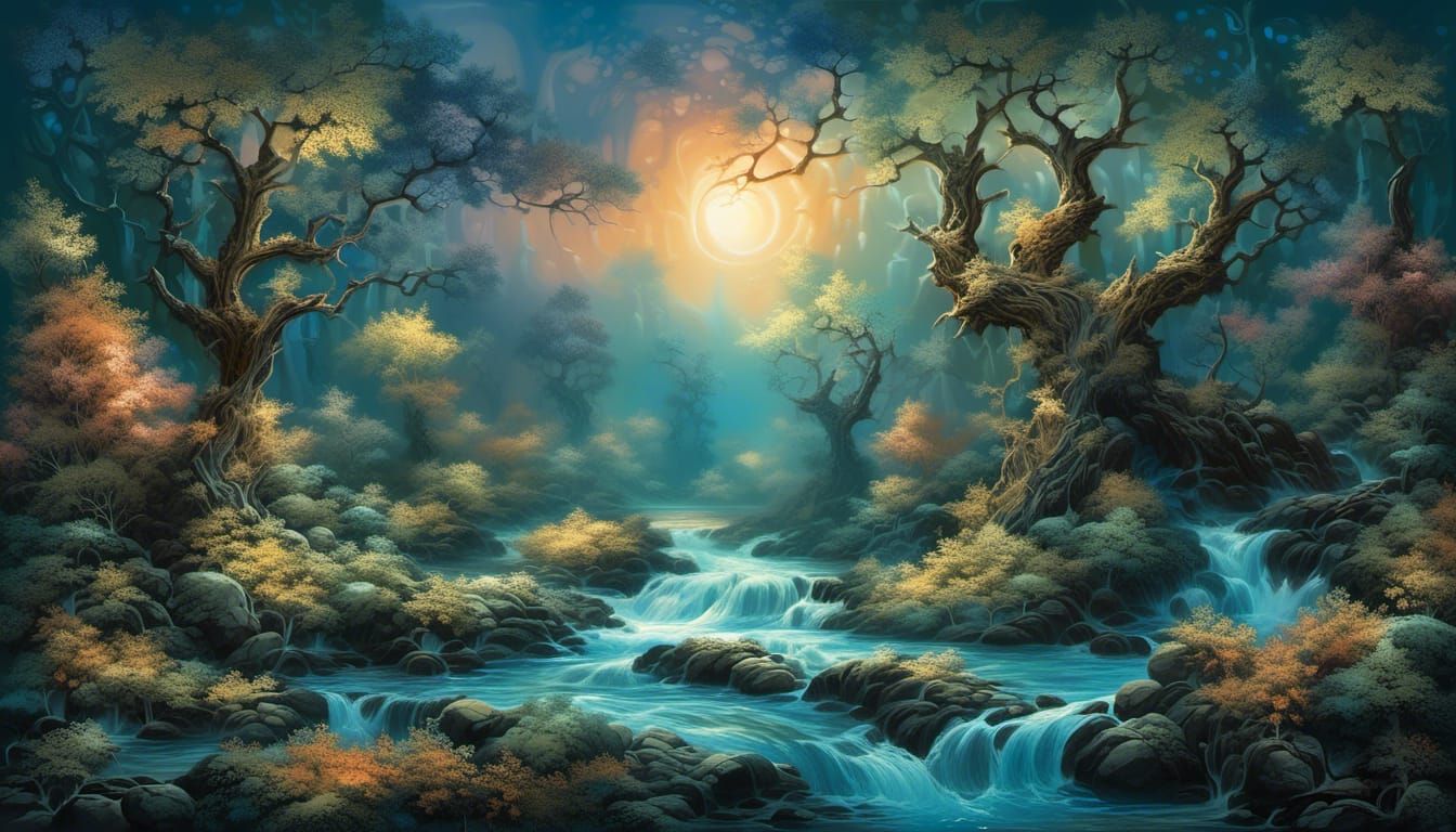 A river flows through the woodland on a starry night. magical plants shine ethereal fantasy hyperdetailed mist Thomas Ki...