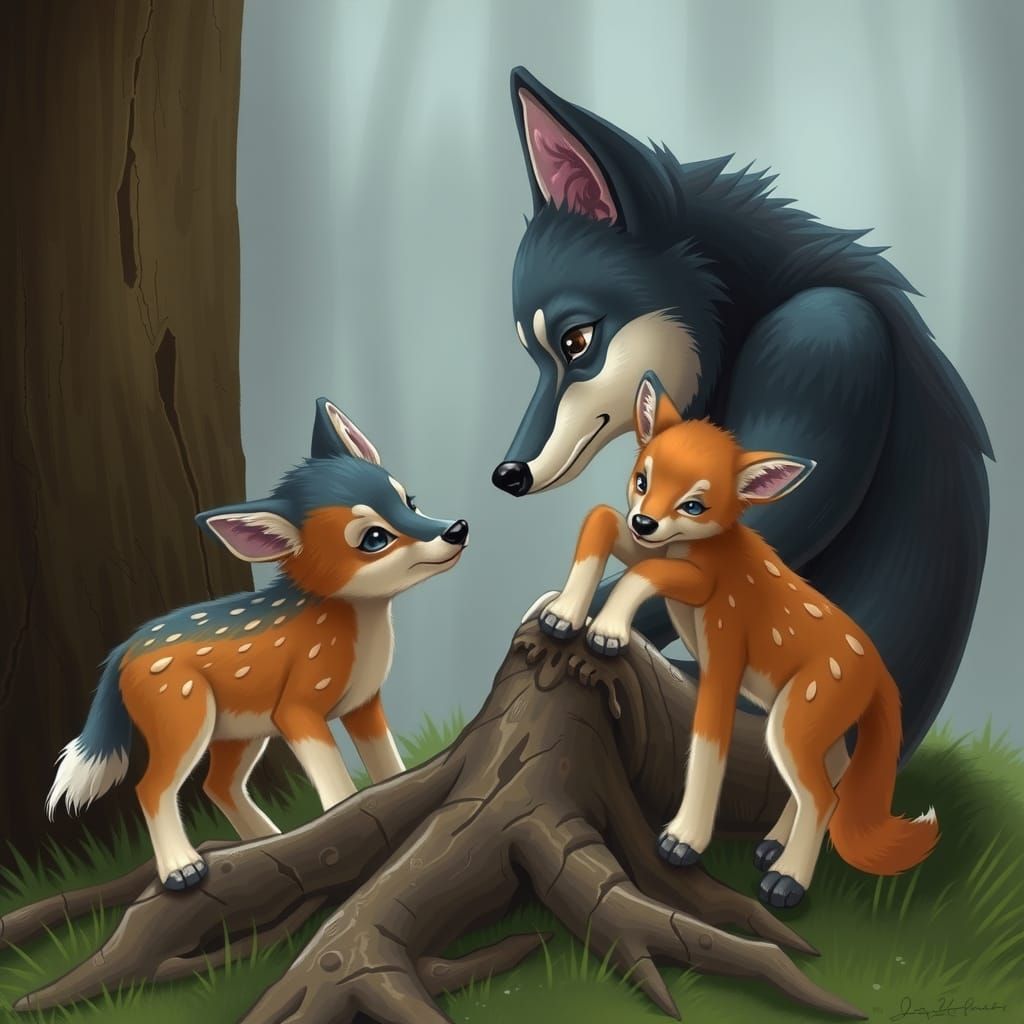 Cute Wolf and Cubs Playing by Tree Root