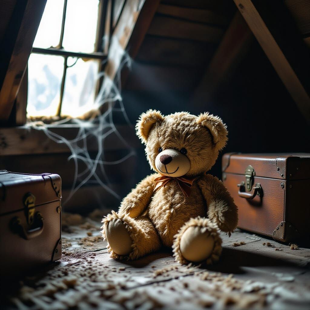 Tattered Teddy Bear in Dusty Attic by Moonlight