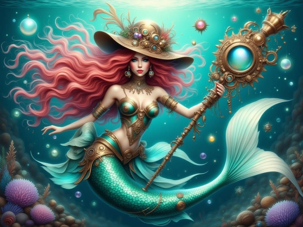 Steampunk Mermaid with Ornate Staff and Flowing Hair