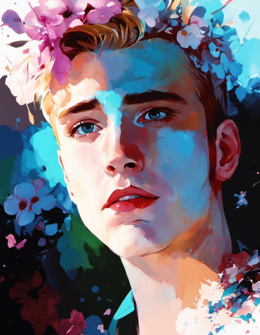 Blond Man with Flower Crown in Anime Style